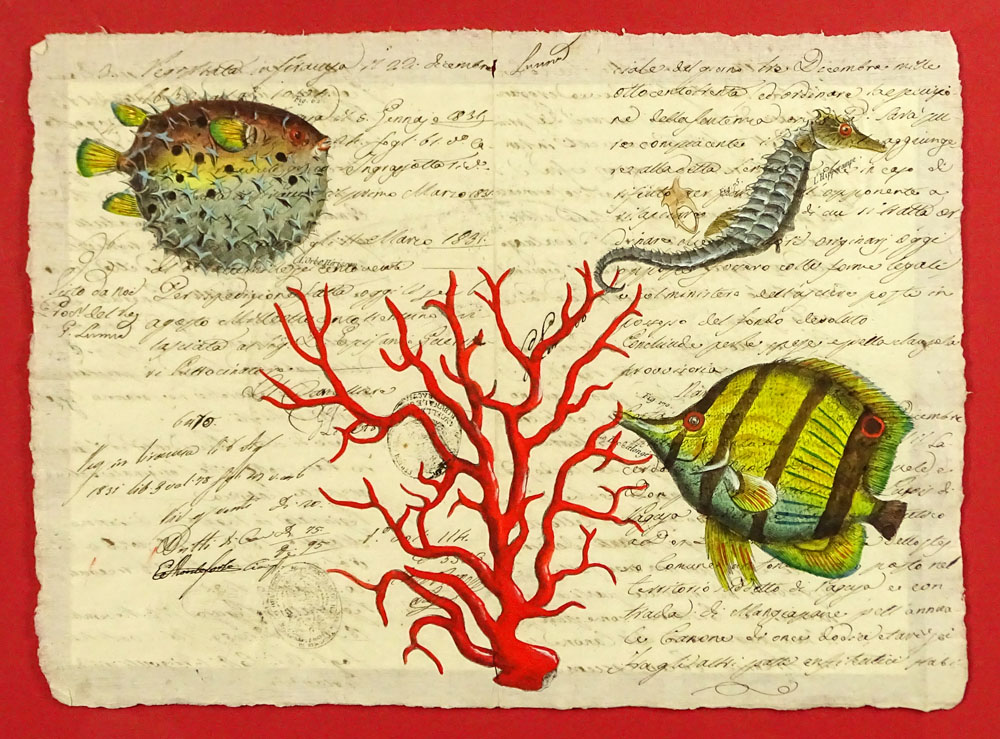18th Century Manuscript Hand Decorated with Later Watercolor "Sea Life". 