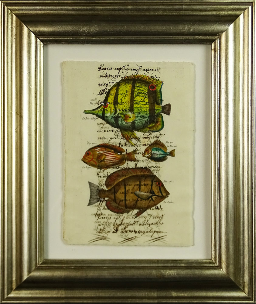 18th Century Manuscript Hand Decorated with Later Watercolor "Fish". 