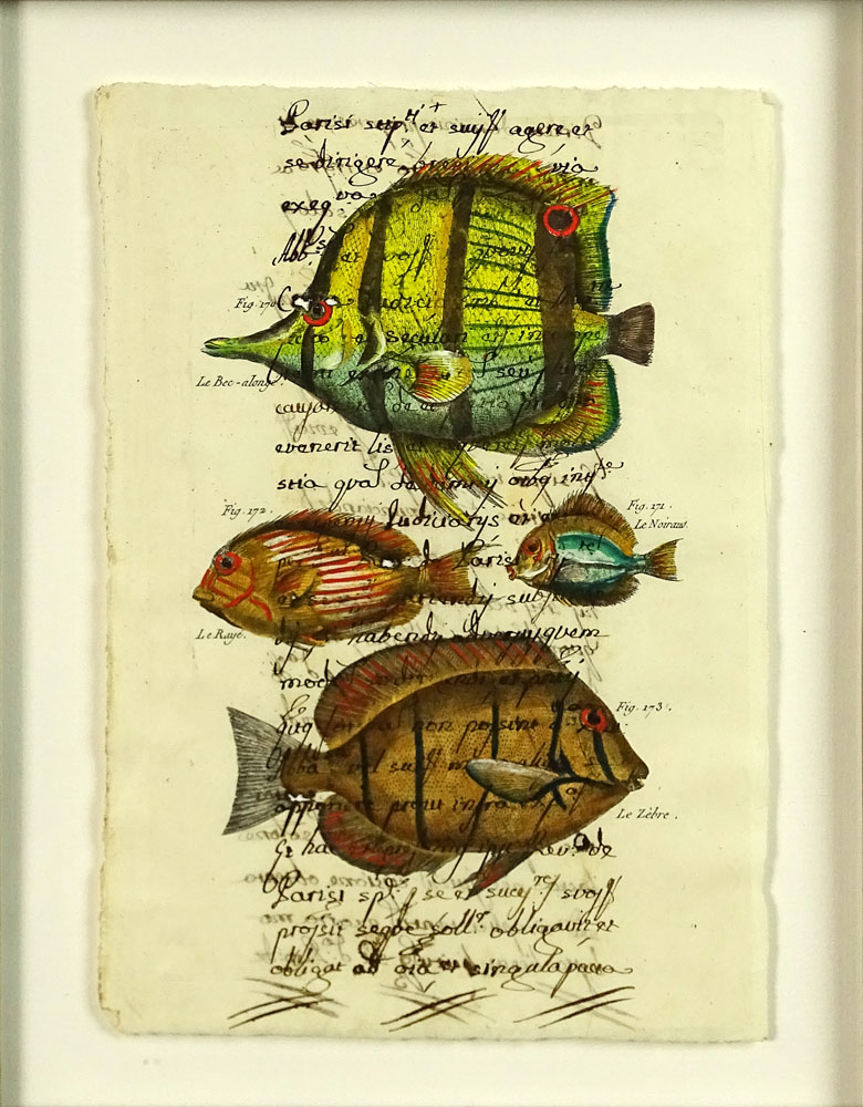 18th Century Manuscript Hand Decorated with Later Watercolor "Fish". 