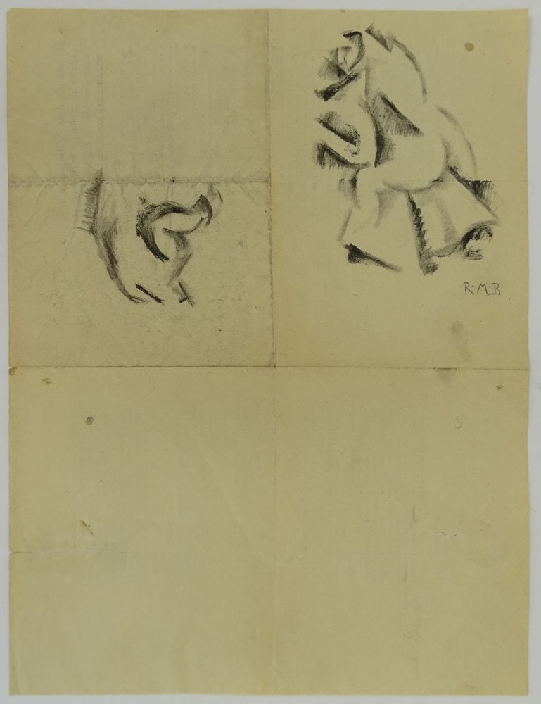 Roberto Marcello Baldessari, Italian (1894-1965) Futuristic charcoal sketches on back of Italian political document. Initialed RMB. 