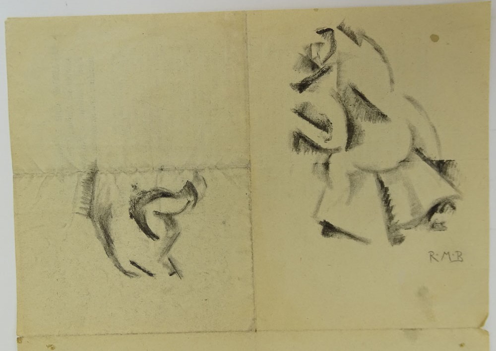 Roberto Marcello Baldessari, Italian (1894-1965) Futuristic charcoal sketches on back of Italian political document. Initialed RMB. 
