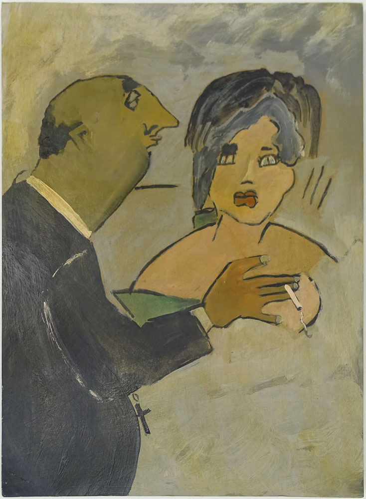 Mino Maccari, Italian (1898-1989) Oil on cardboard "The Priest and the Prostitute" Signed en verso. 