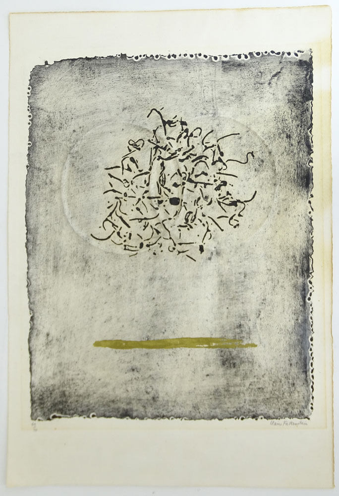 Claire Falkenstein, American (1908-1998) Hand-colored collograph on Fabriano paper "Two Rings". 