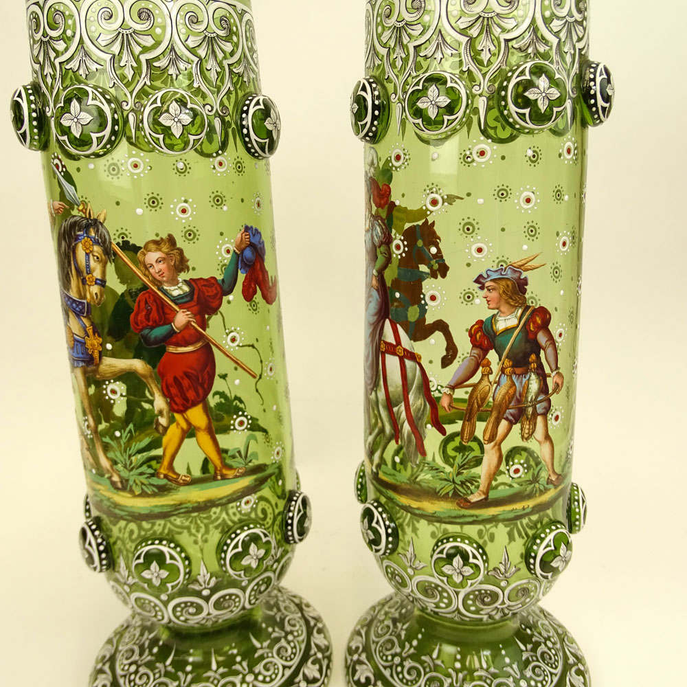 Pair of Impressive Enameled Bohemian Glass Footed Vases.
