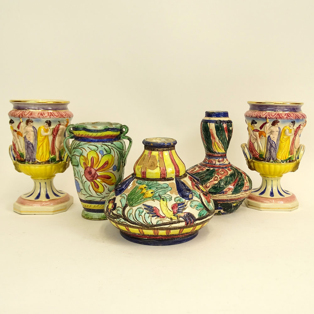 Lot of Five (5) Vintage Italian Majolica Urns and Vases. Various sizes.