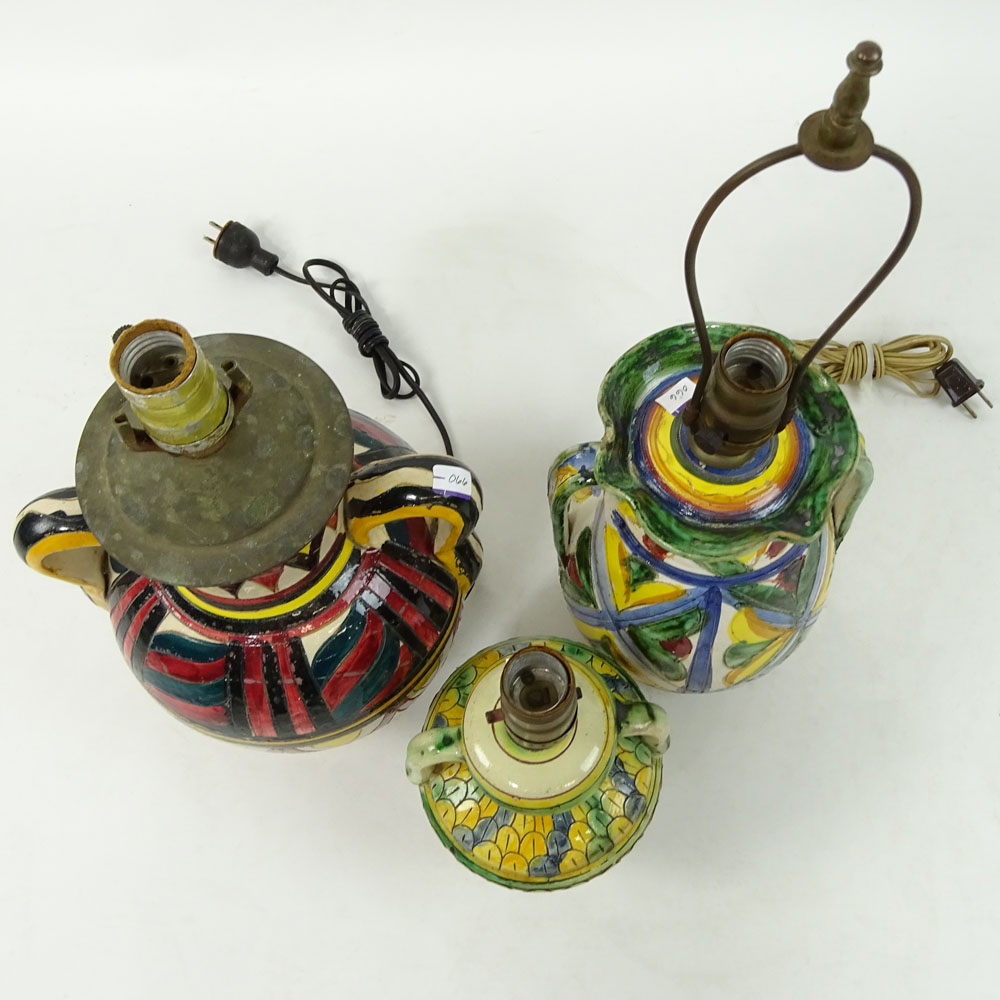 Lot of Three (3) Vintage Italian Majolica Pottery Lamps. All with handled urn shape.