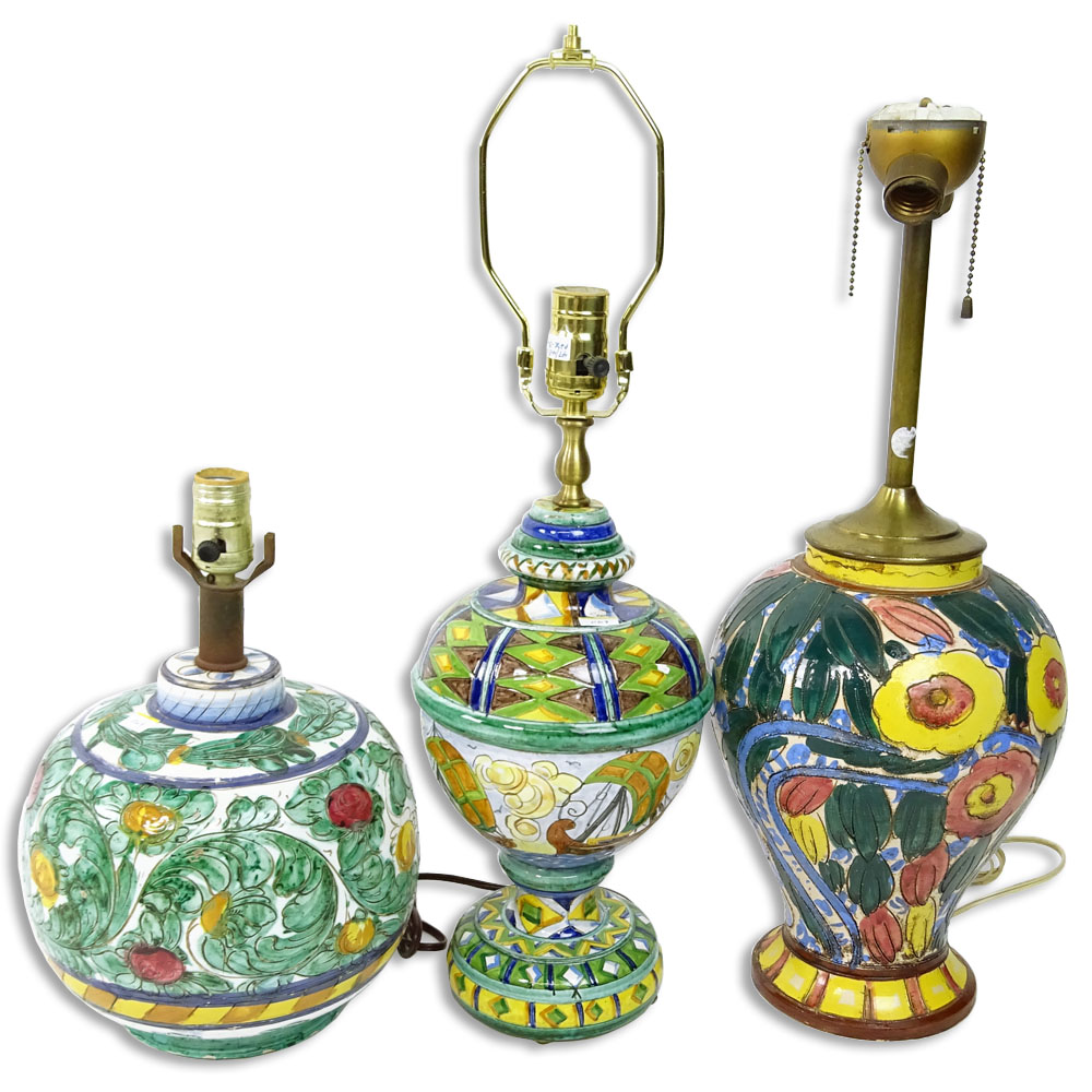 Lot of Three (3) Vintage Italian Majolica Pottery Lamps.