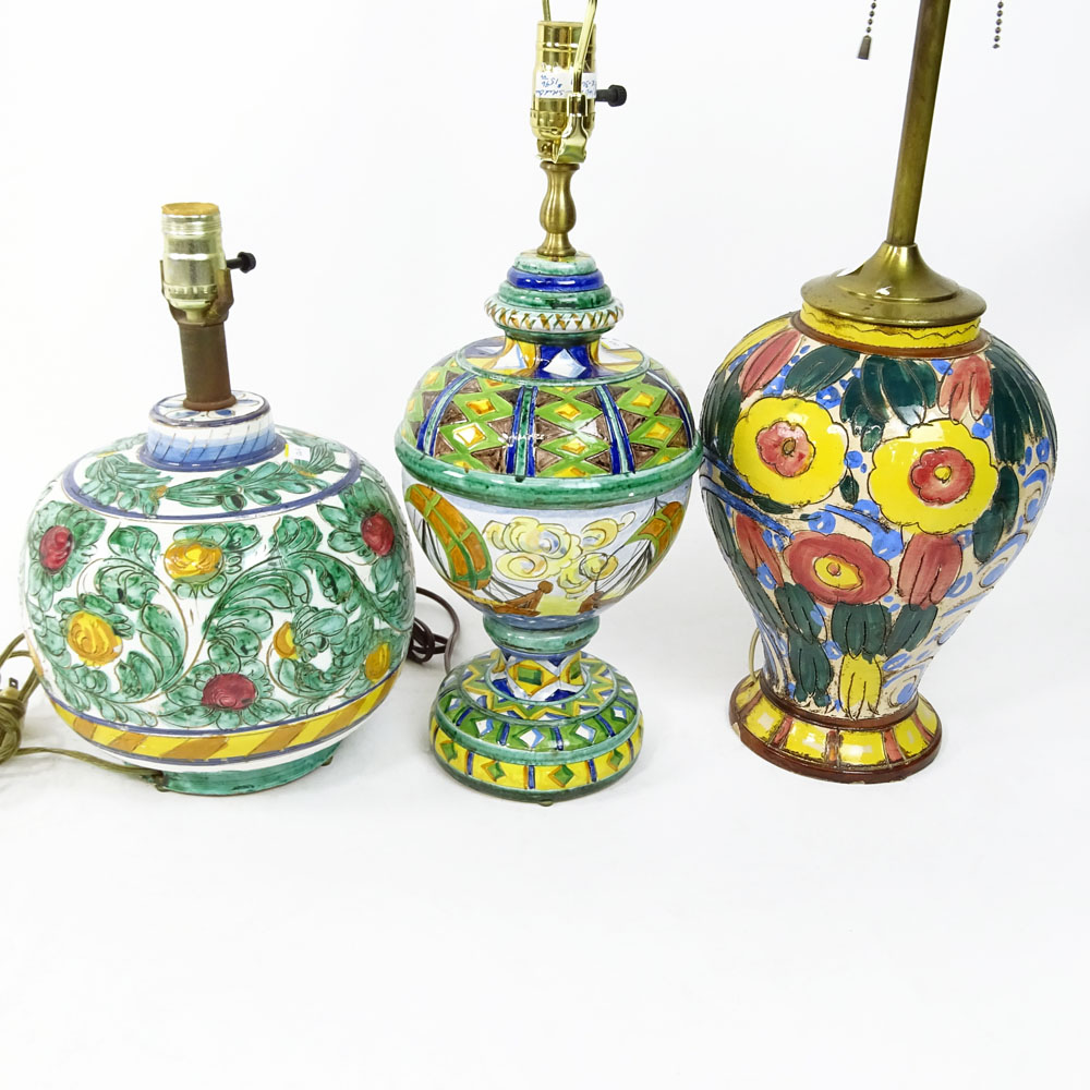 Lot of Three (3) Vintage Italian Majolica Pottery Lamps.