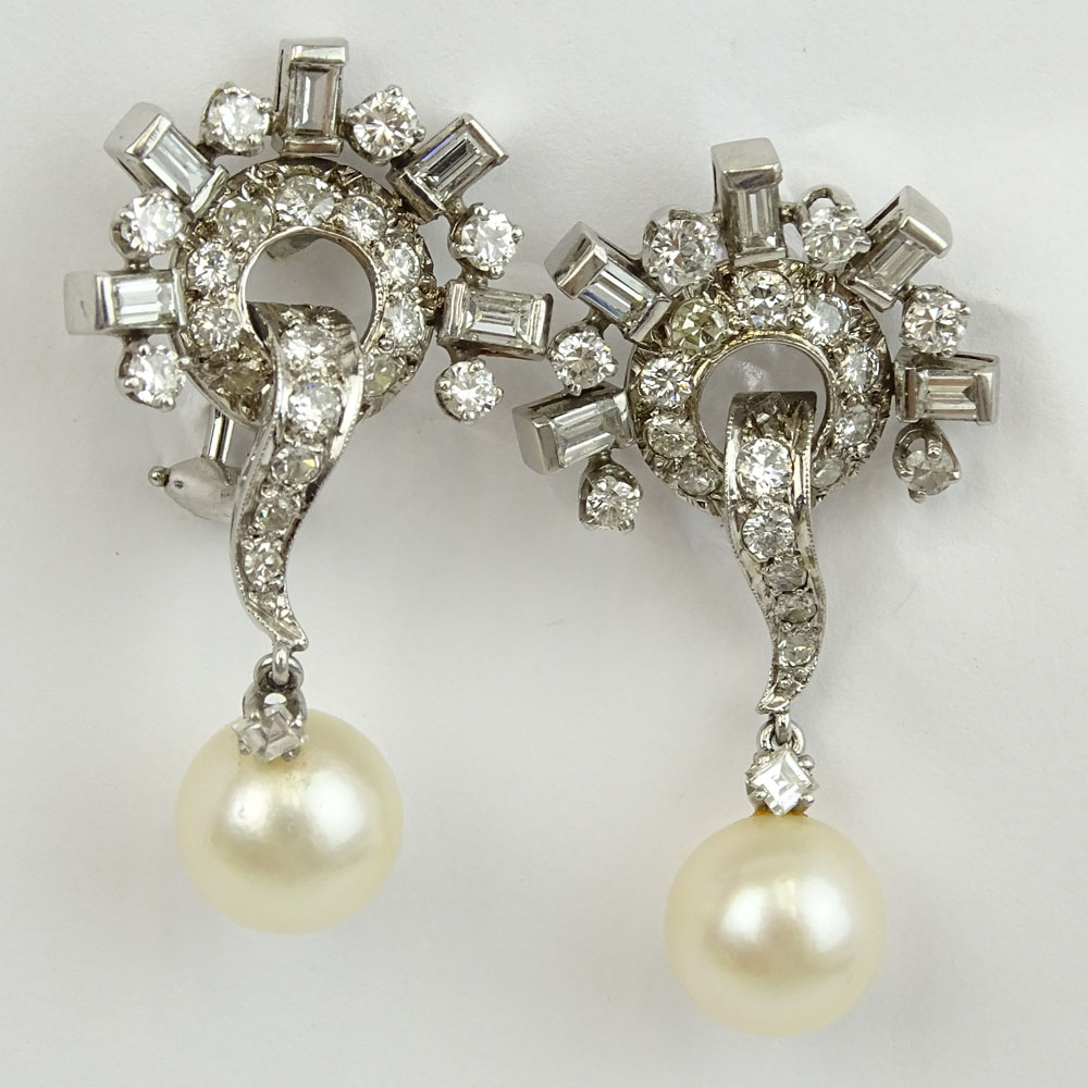 Pair of Lady's Approx. 3.0 Carat Diamond, Pearl and Platinum Earrings. 