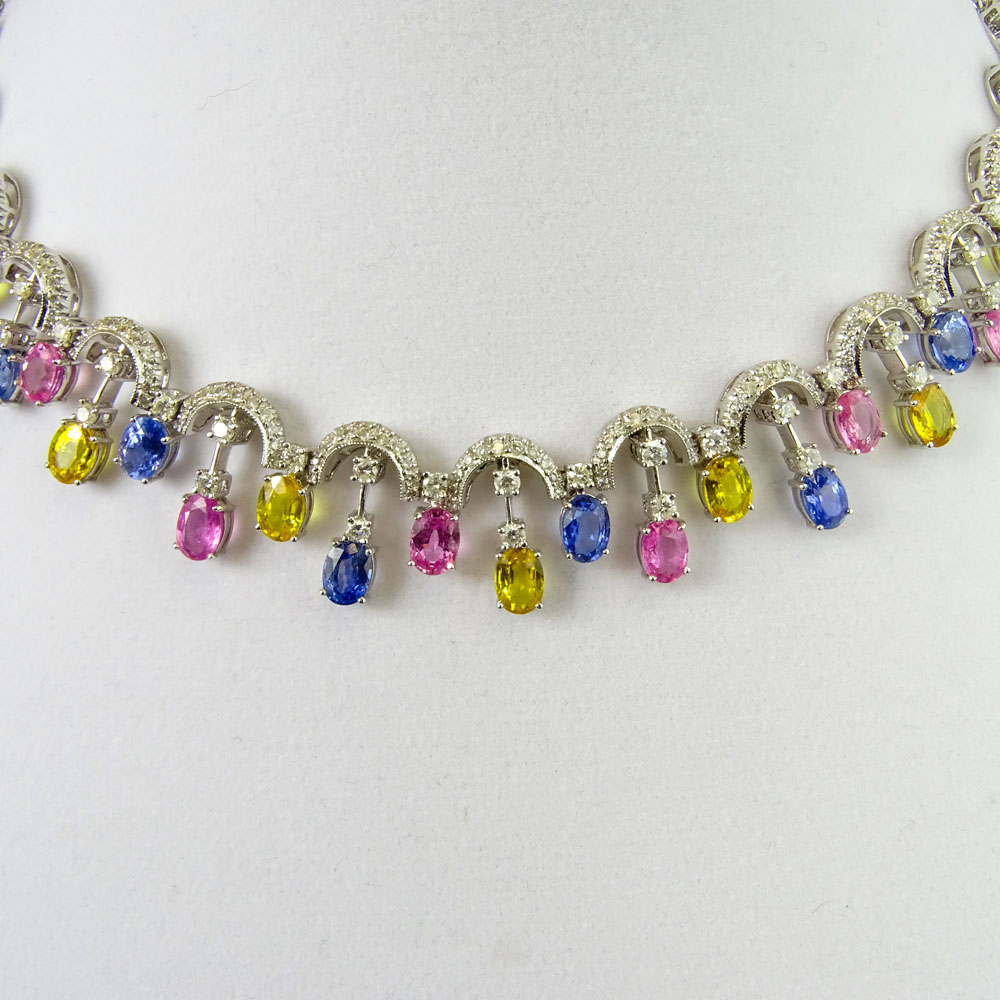 Spectacular 32.20 Carat Gem Quality Fancy Blue, Pink and Yellow Multi Color Sapphires and 7.00 Carat Round Brilliant Cut Colorless Diamond Lady's Necklace 