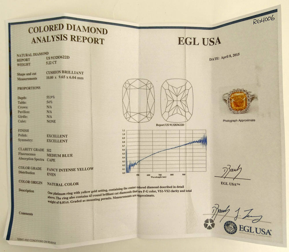 Important EGL Certified 5.22 Carat Cushion Cut Fancy Intense Yellow Diamond and 18 Karat White Gold Ring