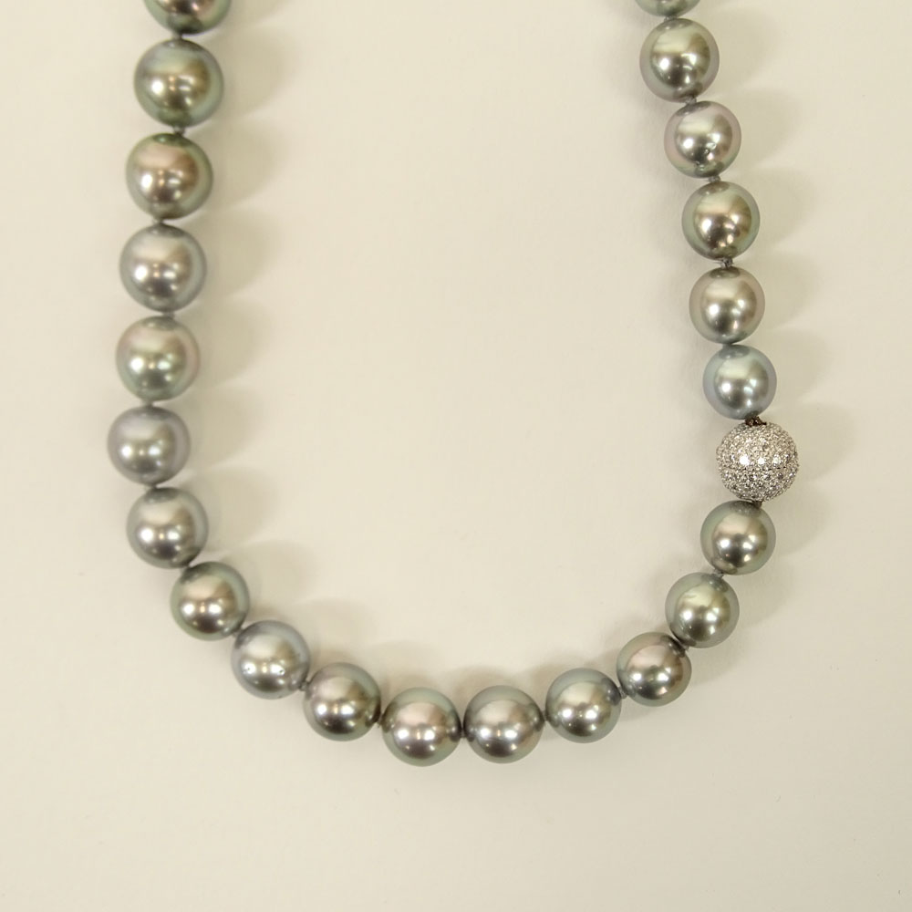 Beautiful Quality Graduated Grey South Sea Pearl Necklace with Diamond and 18 Karat White Gold Clasp.