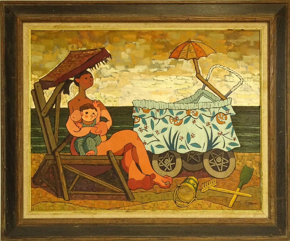 Juan Guillermo Rodriguez Baez, Spanish (1916-1968) Oil on Canvas, "Maternidad en la Playa". 