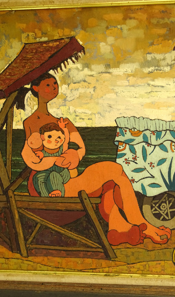 Juan Guillermo Rodriguez Baez, Spanish (1916-1968) Oil on Canvas, "Maternidad en la Playa". 