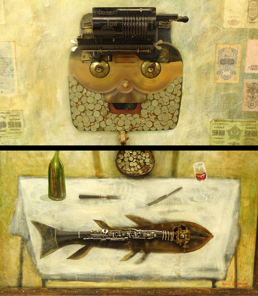 George Abramidze, Georgian (20-21st cent.) Mixed media on Canvas, "Banker's Lunch". 