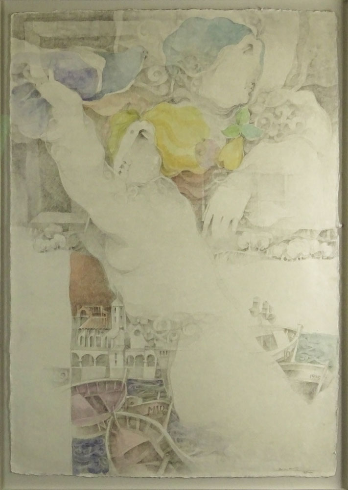 "Alvar" Alvar Sunol Munoz-Ramos, Spanish (b.1935) Watercolor and pencil on woven paper "Personages Con Paisate De Marina" 
