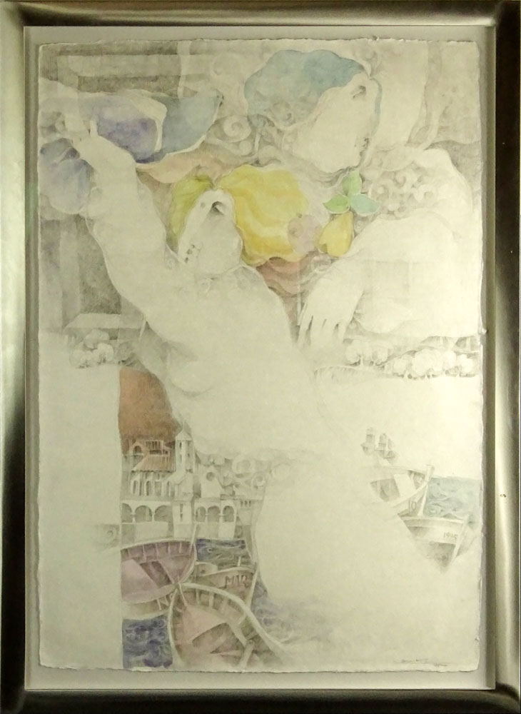 "Alvar" Alvar Sunol Munoz-Ramos, Spanish (b.1935) Watercolor and pencil on woven paper "Personages Con Paisate De Marina" 