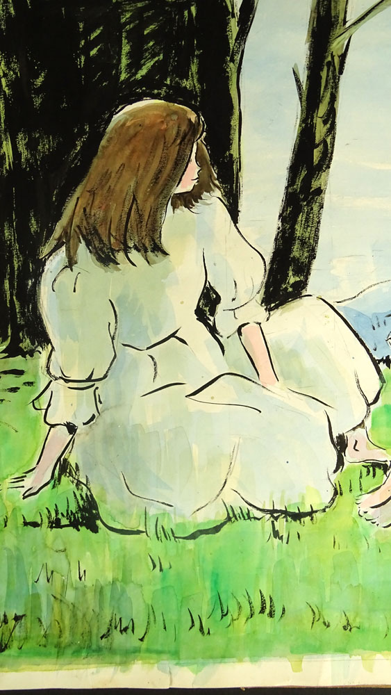 Andre Chochon, French  (1910-2005) Watercolor on Paper, Girls Seated on the Grass. 