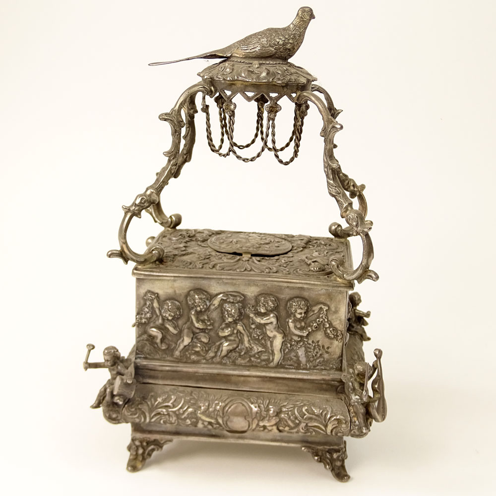 Rare Antique German Silver Ornate Signing Mechanical Bird Box. Figural Motif. Working Order, key included. 