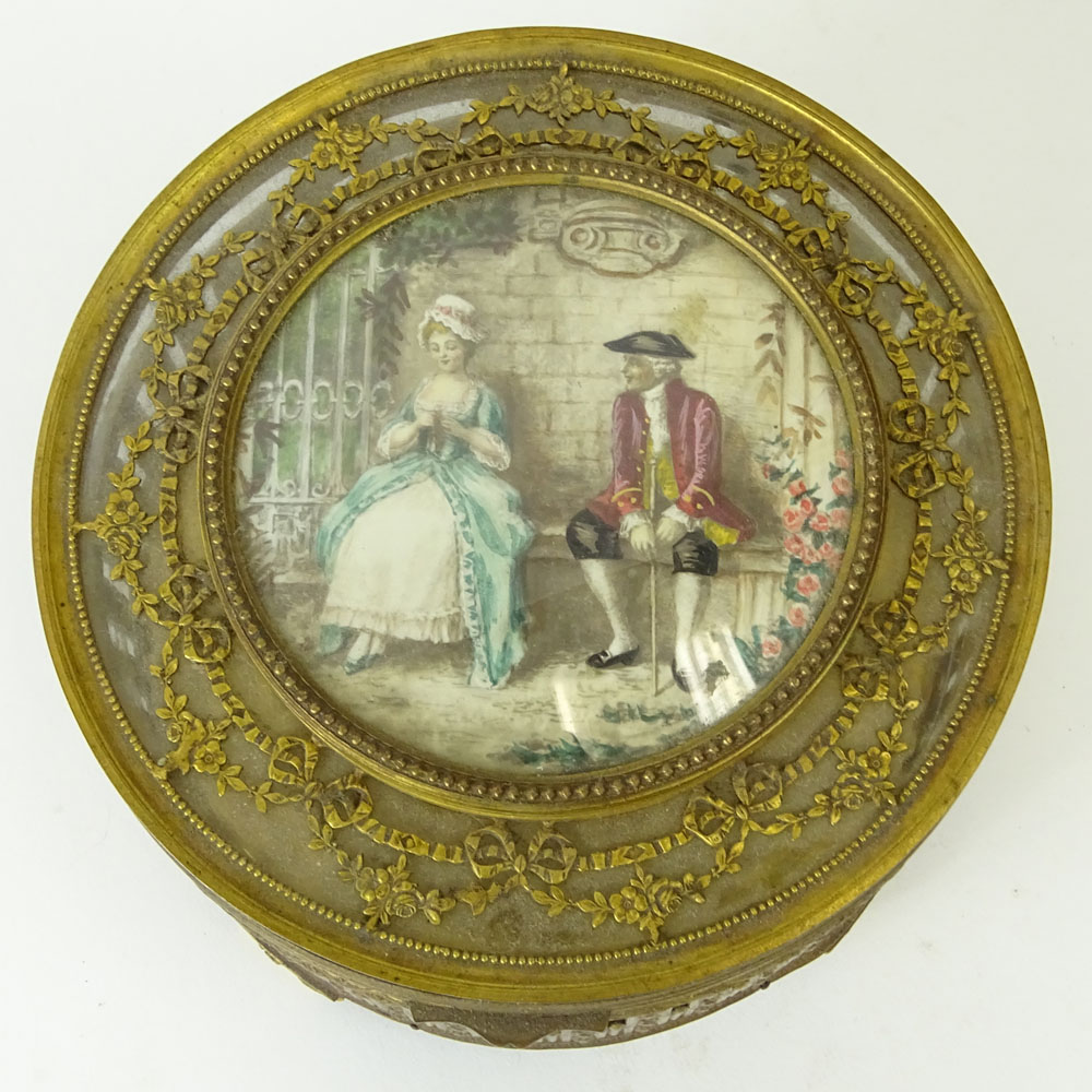 Antique Bronze and Crystal Round Music Box with Hand Painted Panel on Lid.