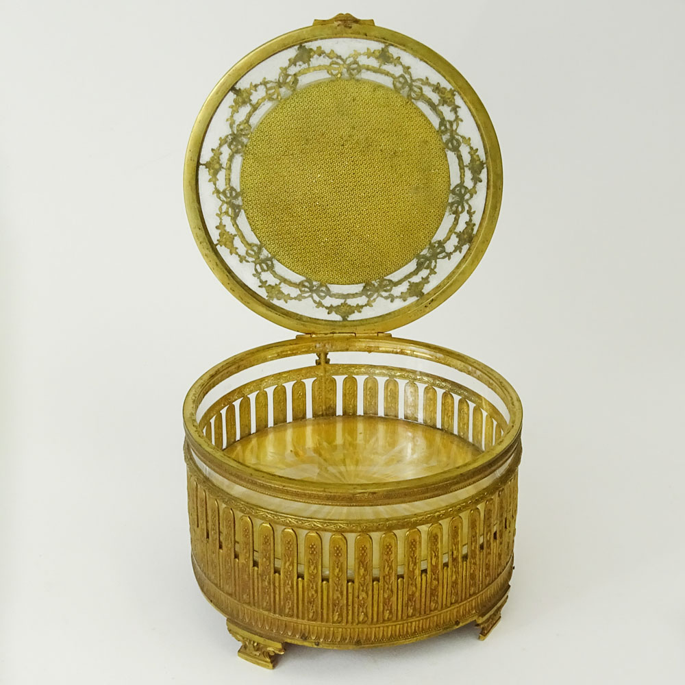 Antique Bronze and Crystal Round Music Box with Hand Painted Panel on Lid.