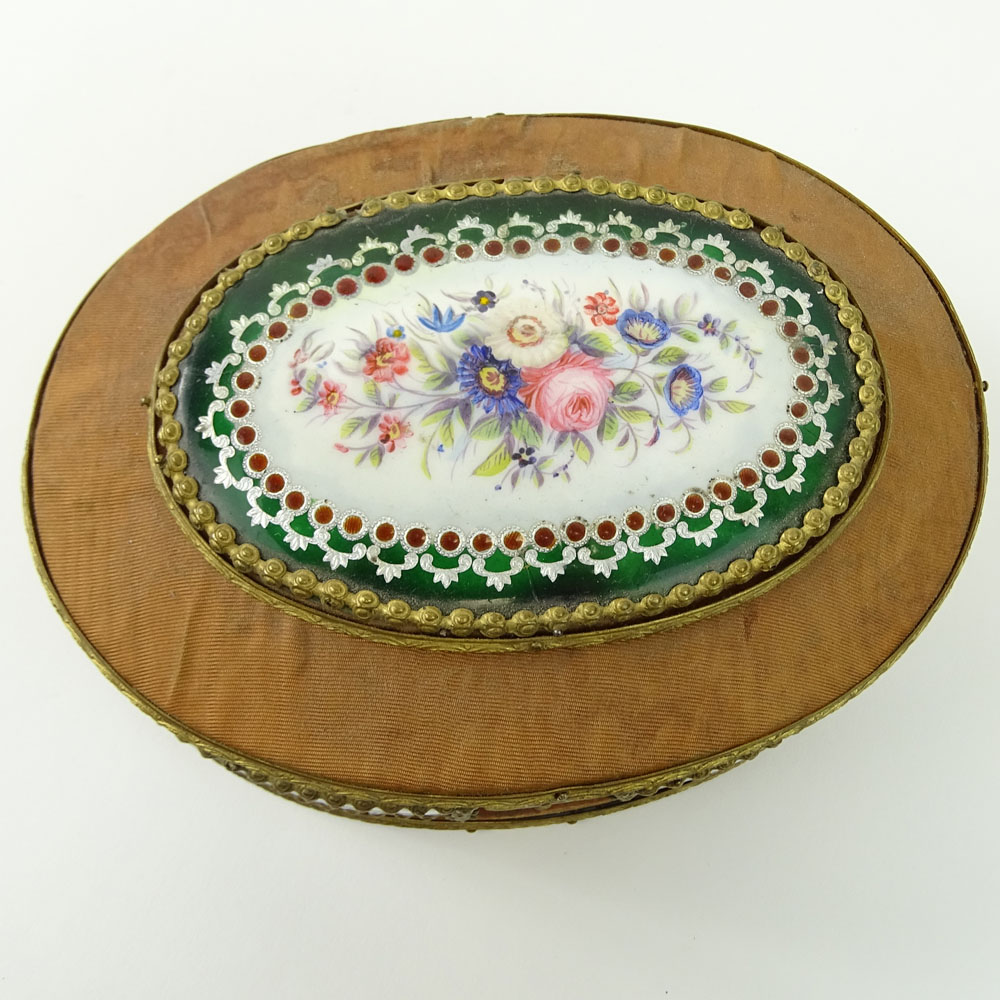 Antique French Cloth Covered Wood Trinket Box with Hand Painted Porcelain Plaques.
