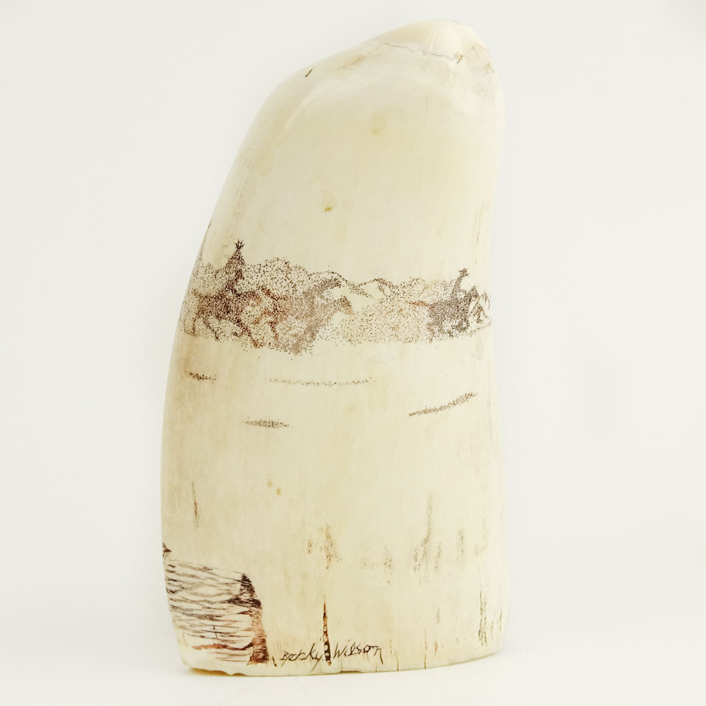 Scrimshaw Whales Tooth Signed By Becky Wilson. Depicts a Cowboy Frontiersman.