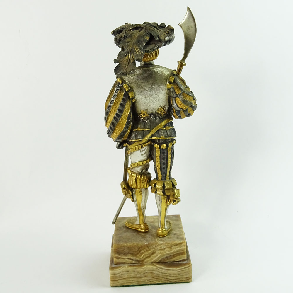Modern Gilt and Silvered Bronze Figure of a Cavalier on Stepped Marble Base.