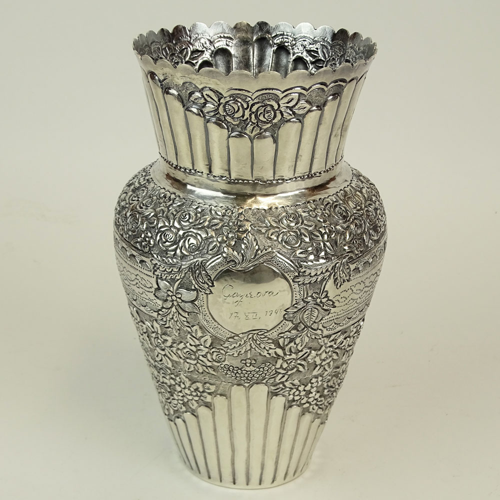 Vintage 800 Silver Repousse Vase. Pretty floral motif. Engraved cartouche dated 1946.
