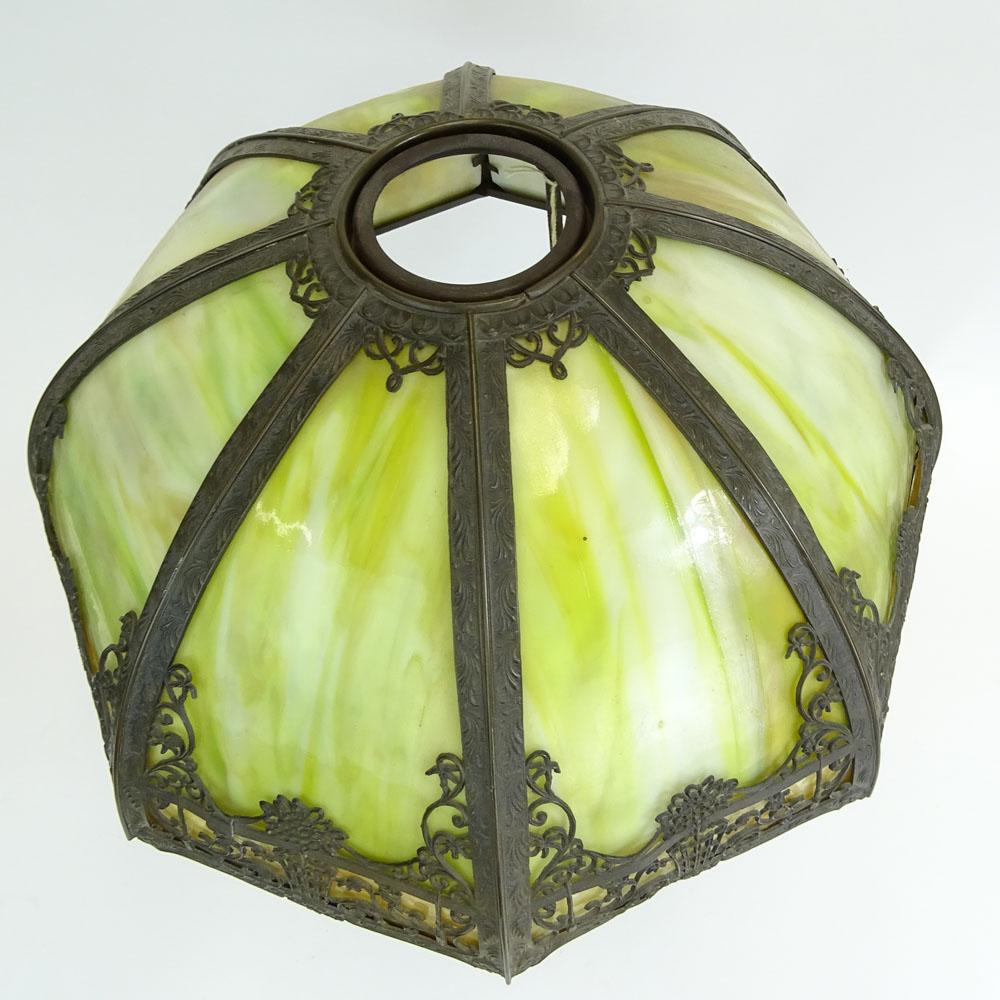 Antique Green Slag Glass Table Lamp with Metal Overlay and Bronze Base.
