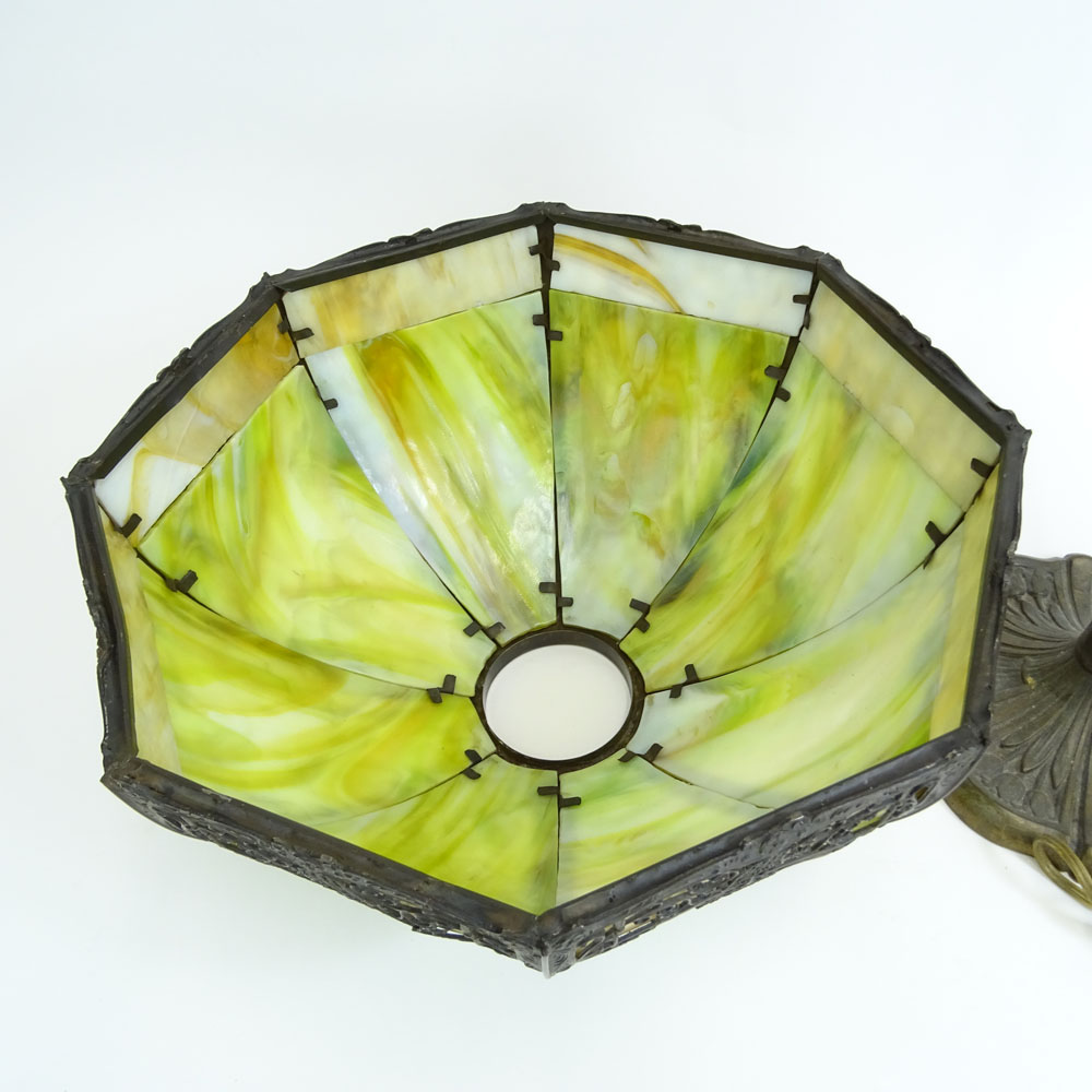 Antique Green Slag Glass Table Lamp with Metal Overlay and Bronze Base.