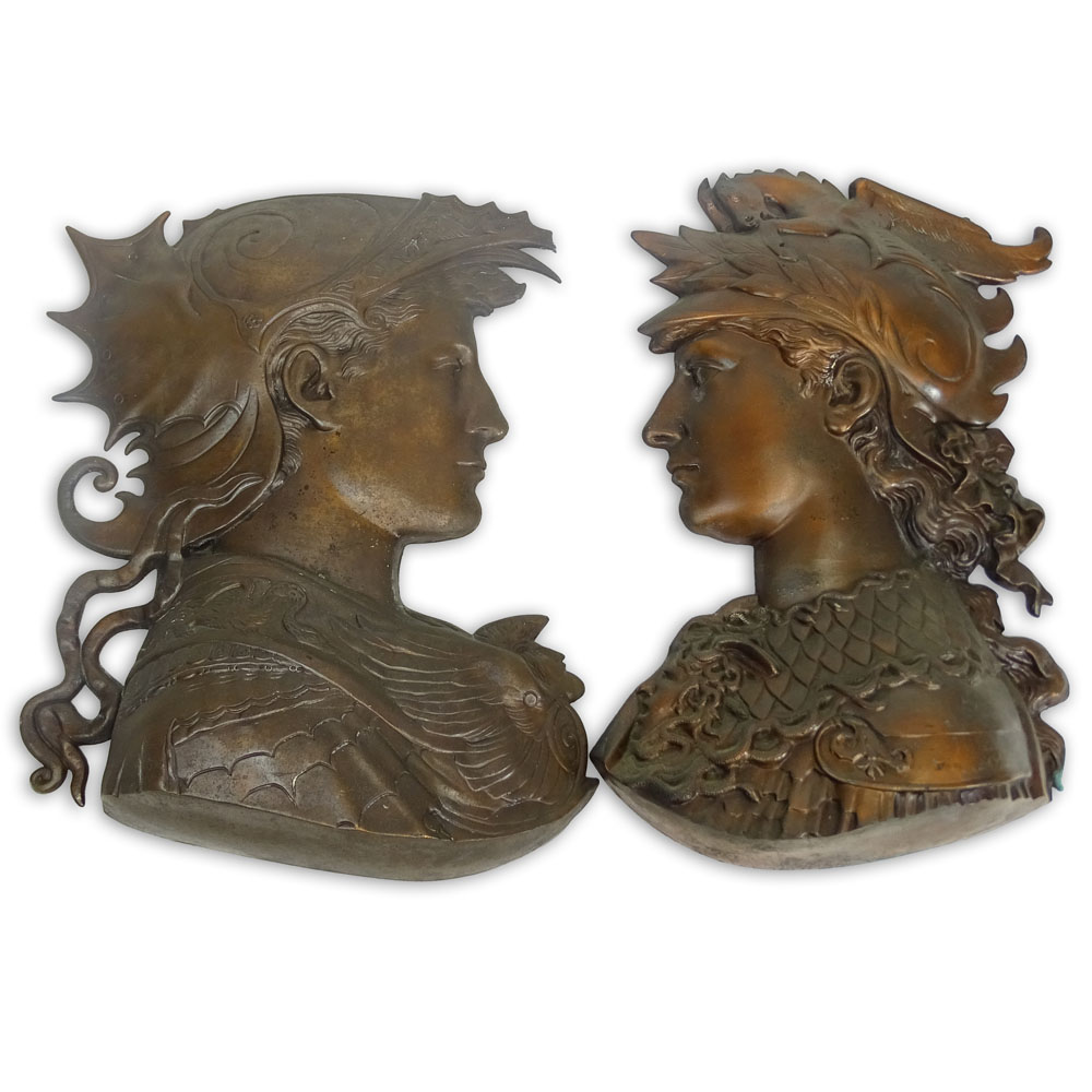 Pair of Vintage Patinated White Metal Figural Relief Plaques.