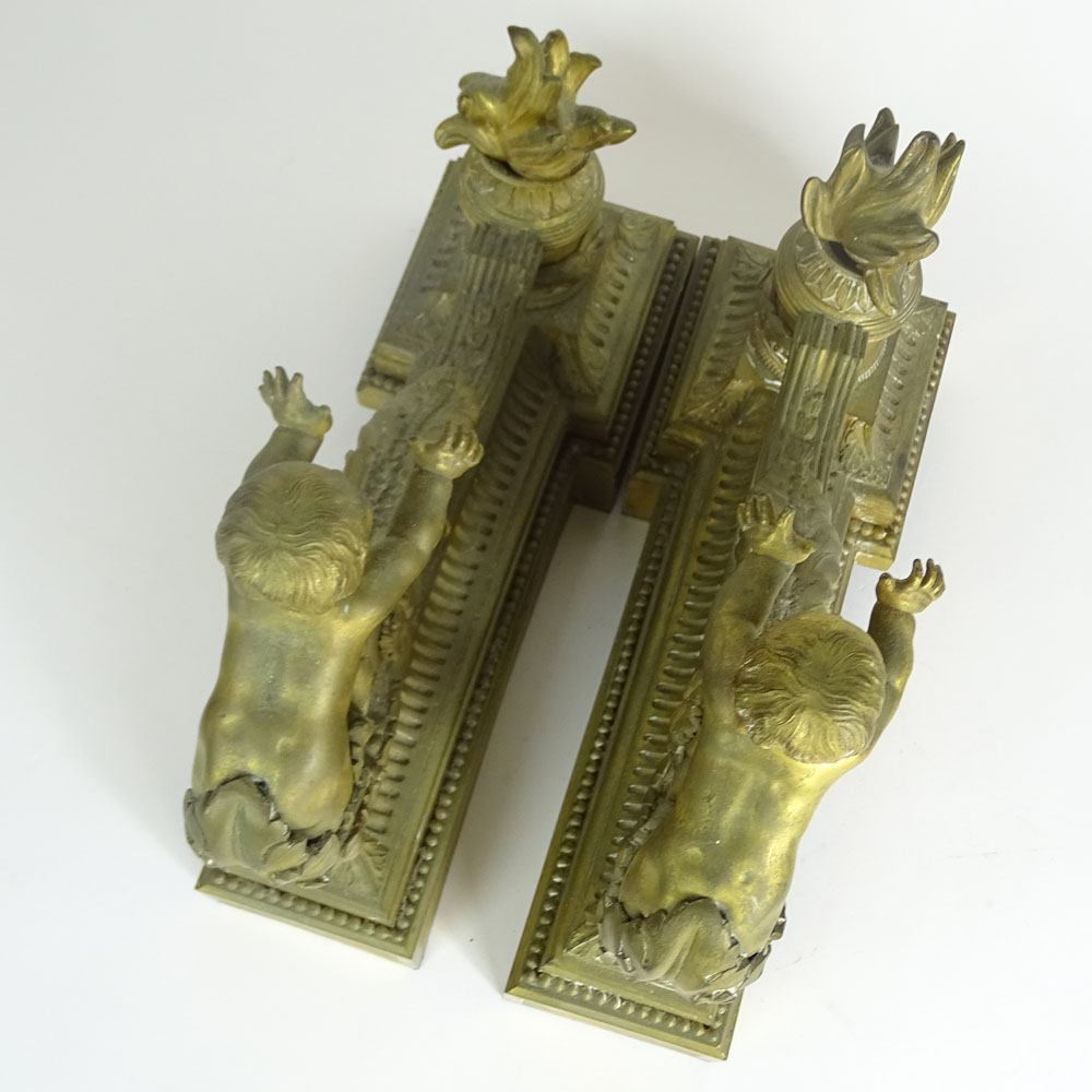 Pair of Antique Bronze Figural Chenets. Unsigned. Gold and light green patina.
