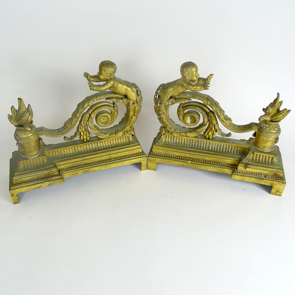 Pair of Antique Bronze Figural Chenets. Unsigned. Gold and light green patina.