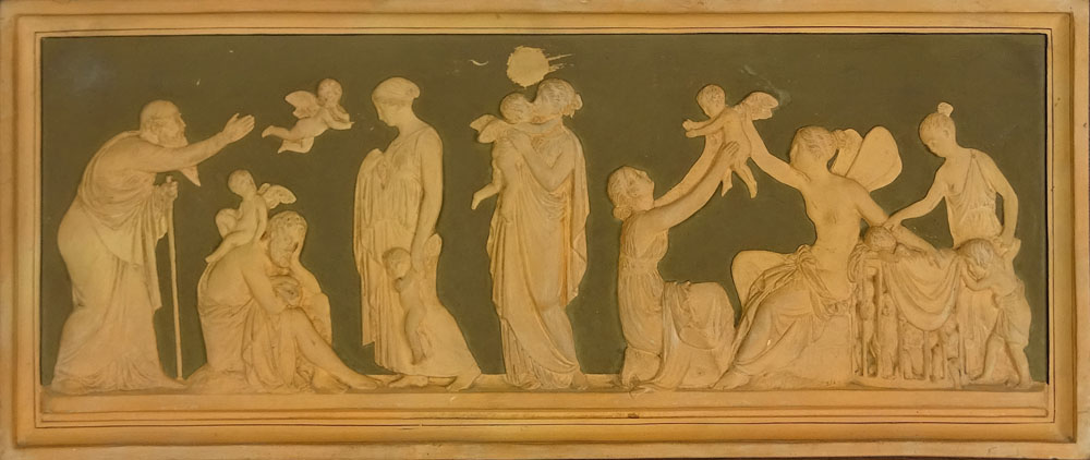 Vintage Neo-Classical Style Terracotta Relief Plaque. Mounted on wood.