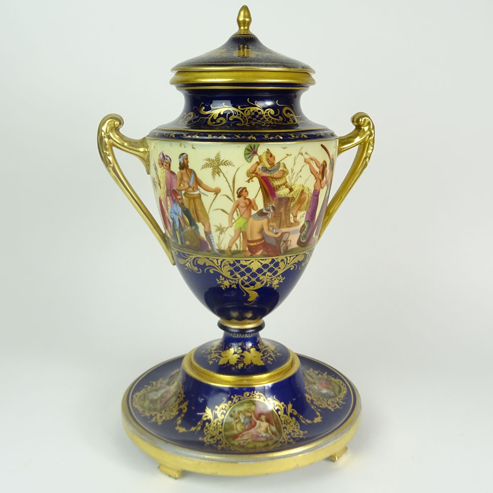 Large Antique Royal Vienna Porcelain Urn. Hand painted Egyptian motif.