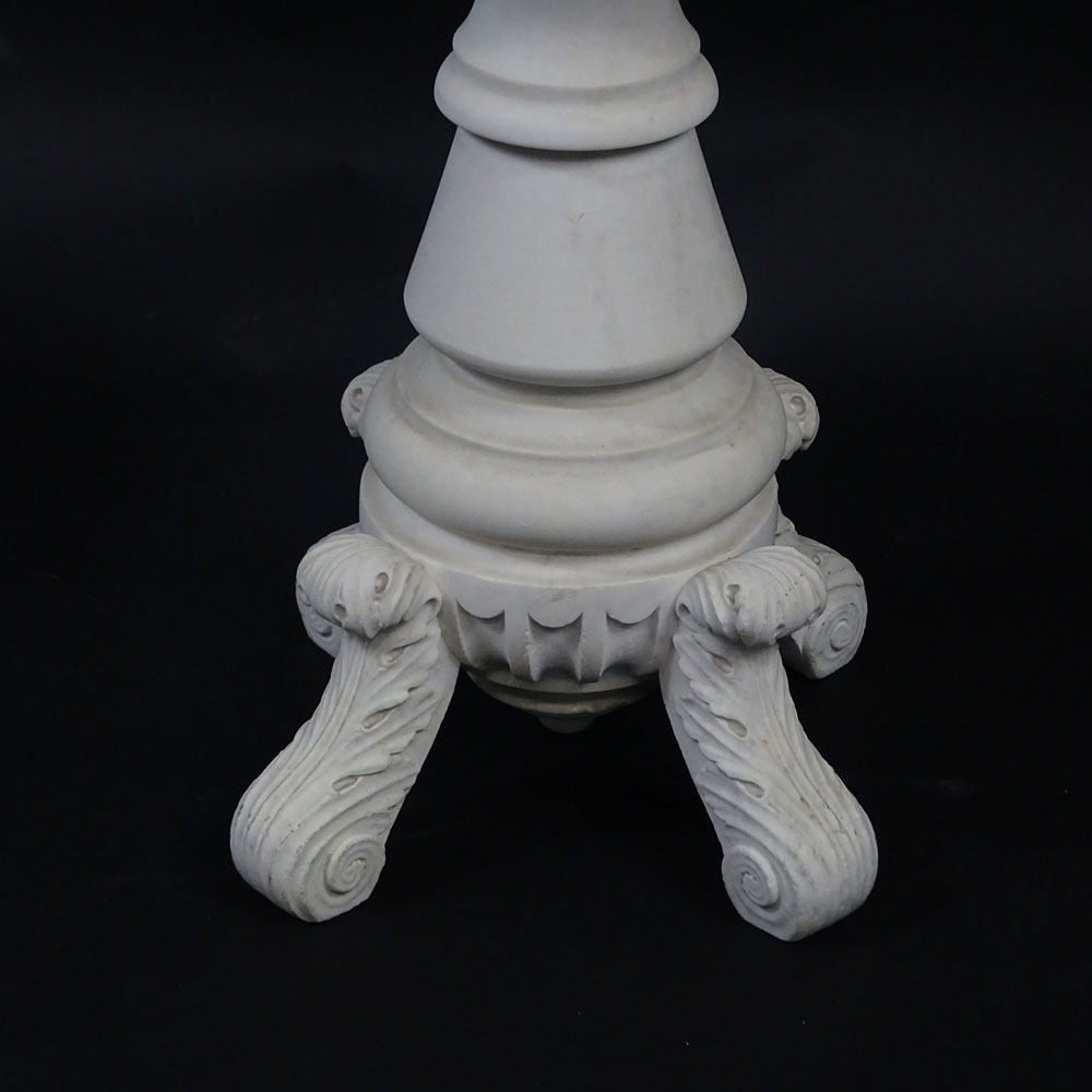 Antique Italian Carved Carrera Marble Occasional Table. Top on baluster pedestal with foliate legs.