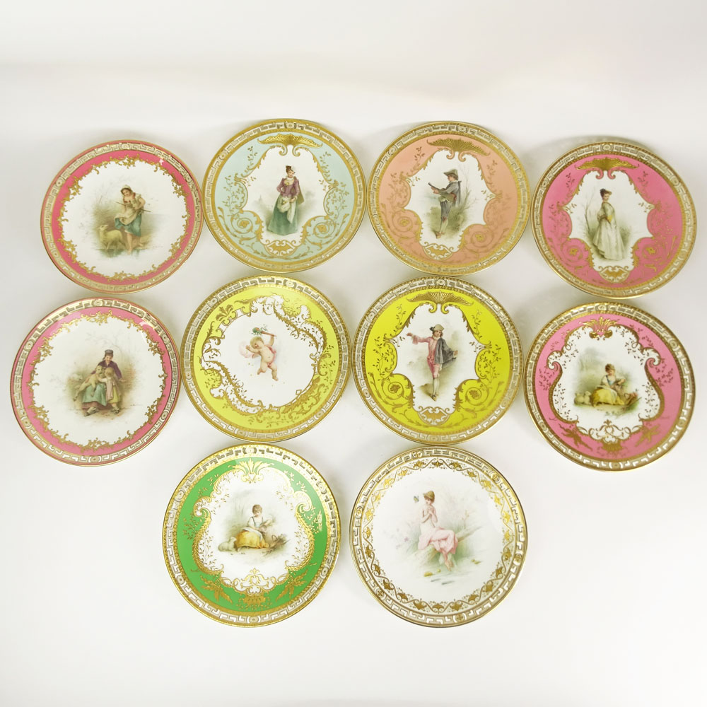 Set of Ten (10) Minton Hand Painted and Parcel Gilt Porcelain Cabinet Plates. Reticulated borders.