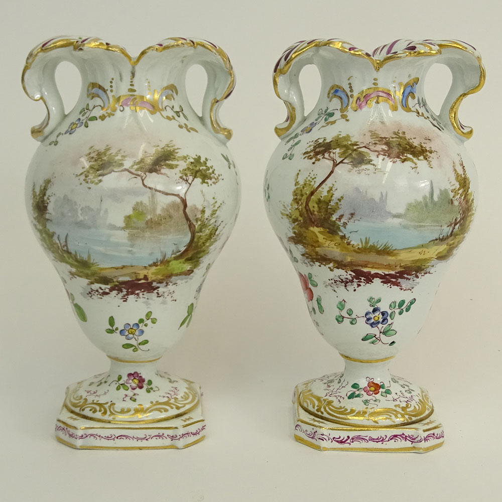 Pair of Antique Chelsea Hand Painted Porcelain Miniature Urns.