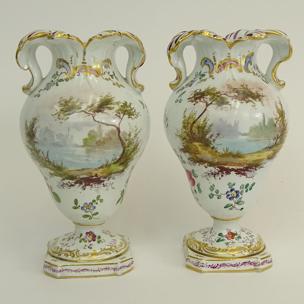 Pair of Antique Chelsea Hand Painted Porcelain Miniature Urns.