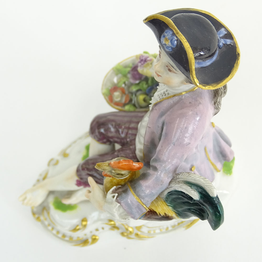 19/20th Century Meissen Porcelain Miniature Figurine "Boy With Chicken and Basket". 