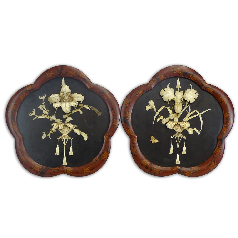 Pair of 20th Century Japanese Lacquered Lobed Framed Panels with Relief Carved Bone Flower Inlay.