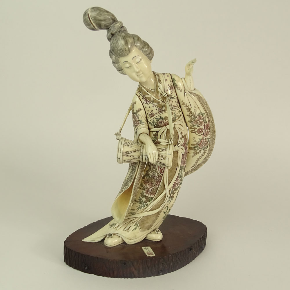 Japanese Carved Ivory Geisha Figure on Carved Wood Base. Signed.