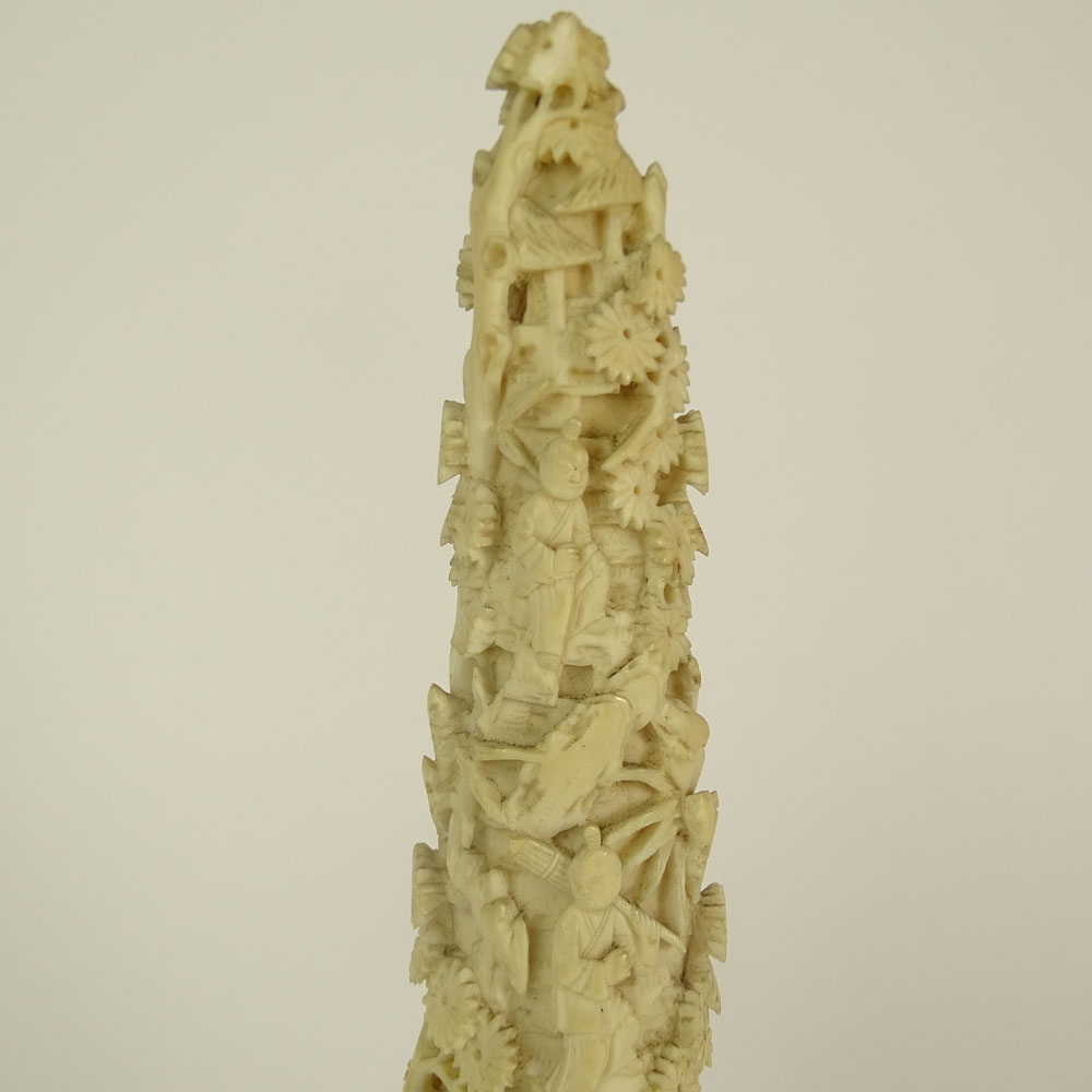Antique Chinese Carved Ivory Tusk with Intricate Scene with Figures.