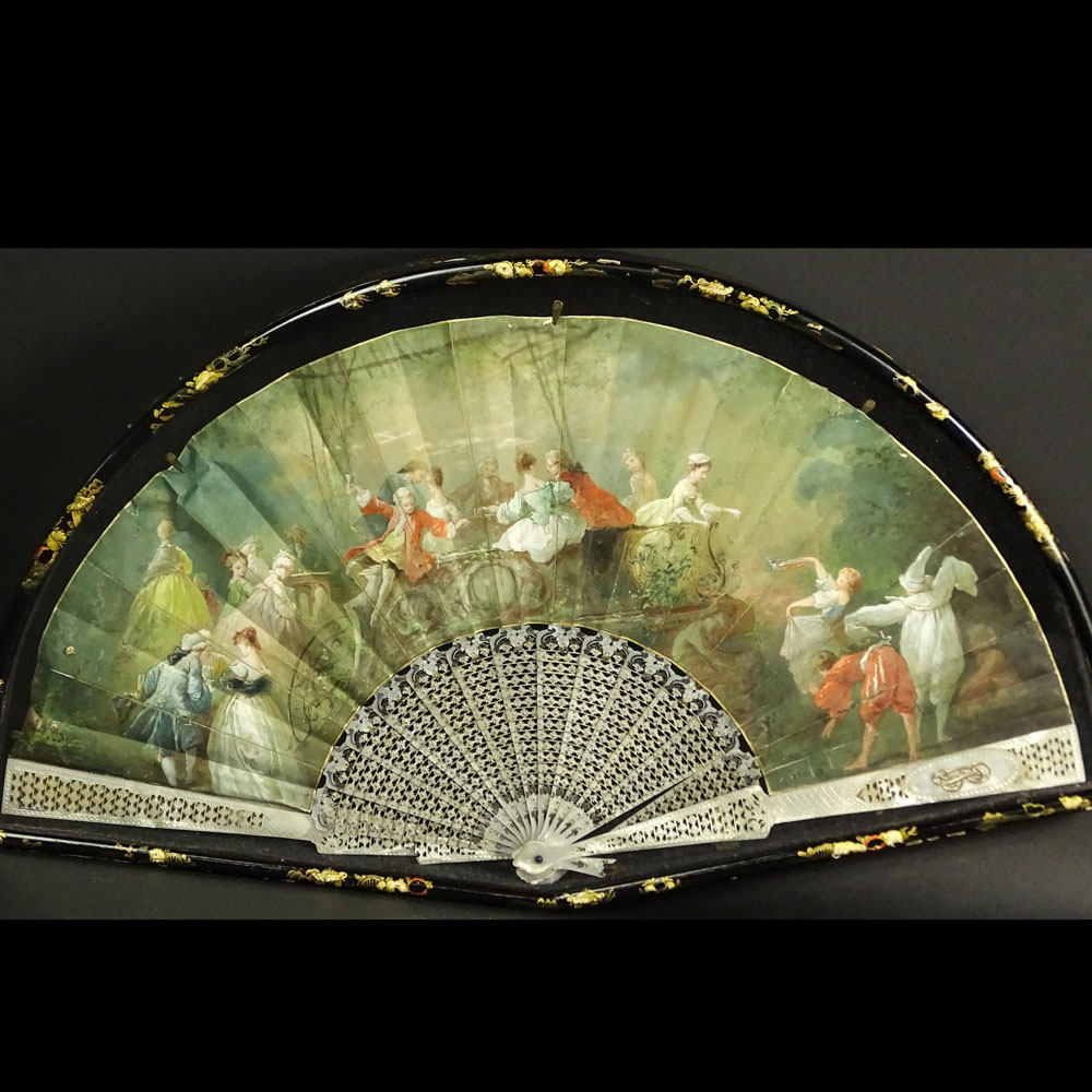 Antique 18/19th Century Hand Painted Paper and Mother Of Pearl 1/2 Circle Fan In Chinese Motif Box.