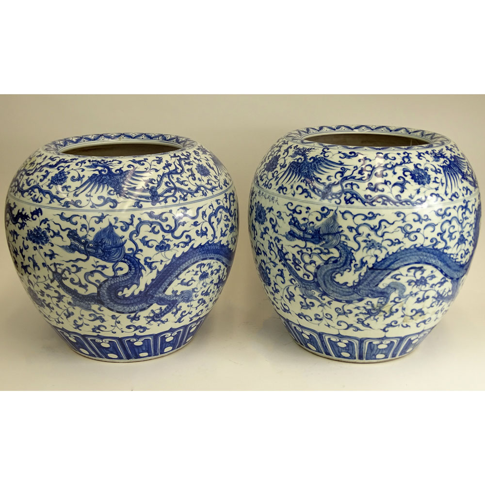 Pair of 20th Century Chinese Ming style Blue and White Porcelain Jardini