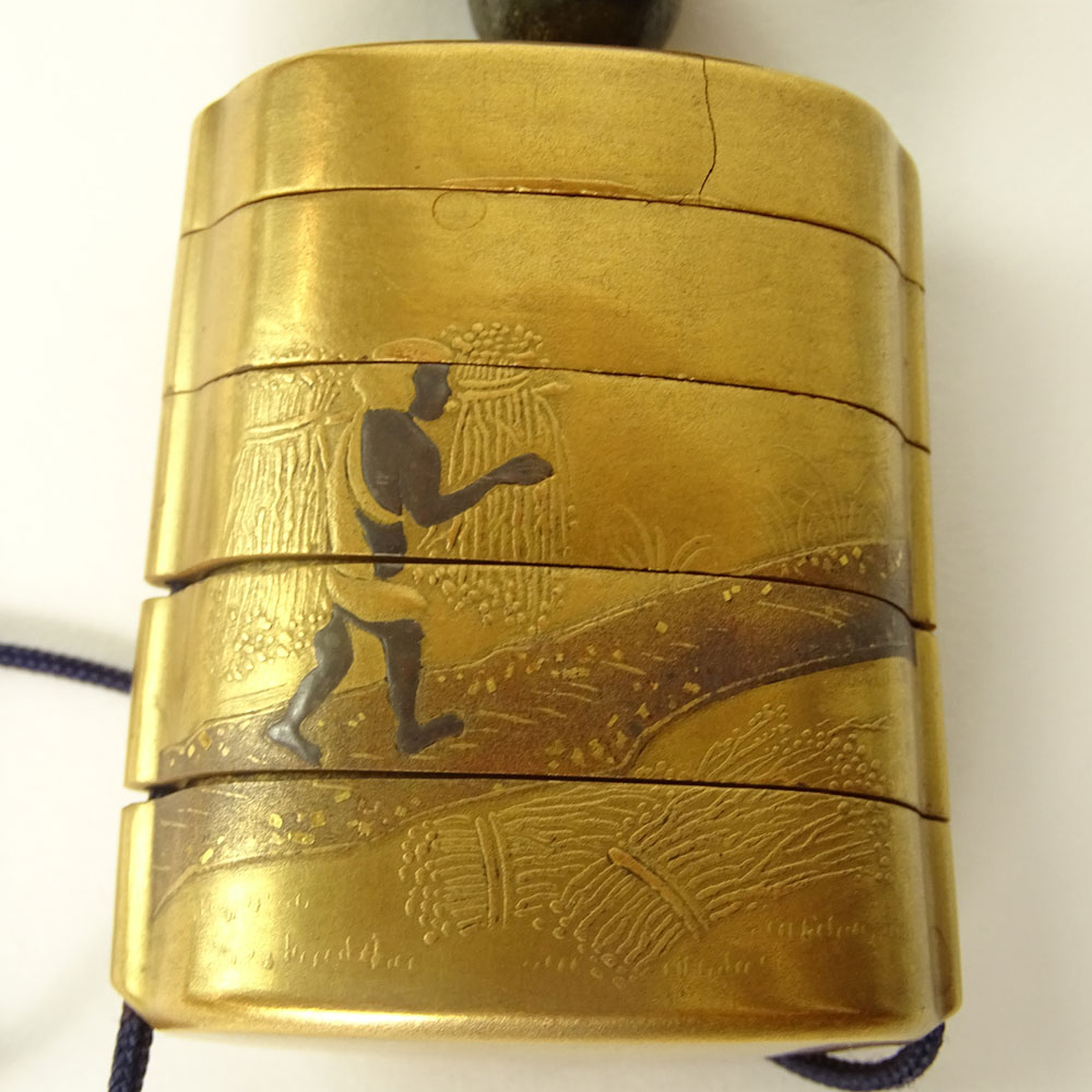 Japanese Meiji Period Lacquer Inro with Carved Ivory Dog Netsuke.