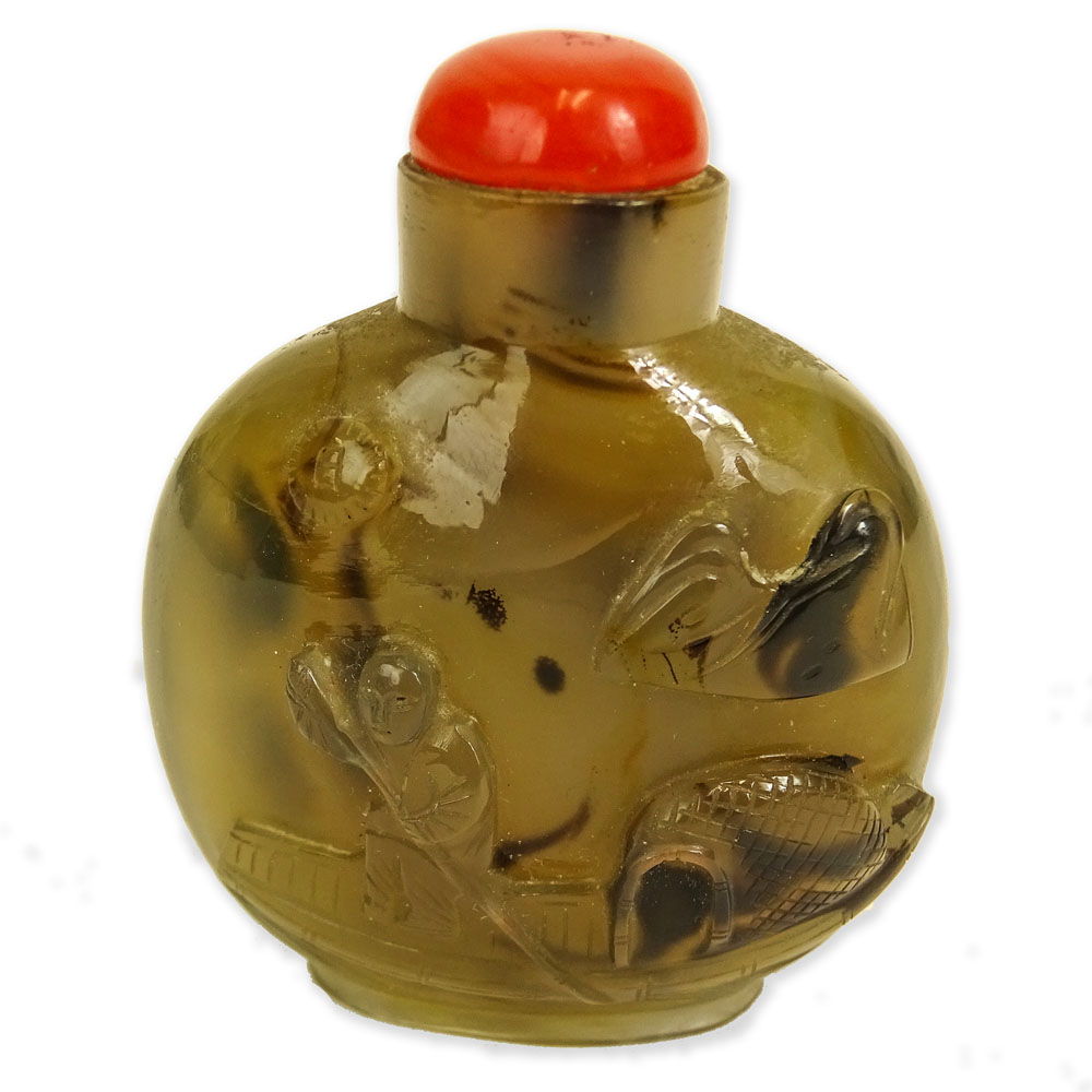 Vintage Chinese Carved Agate Snuff Bottle. Figure on a boat motif.