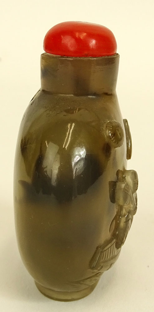 Vintage Chinese Carved Agate Snuff Bottle. Figure on a boat motif.