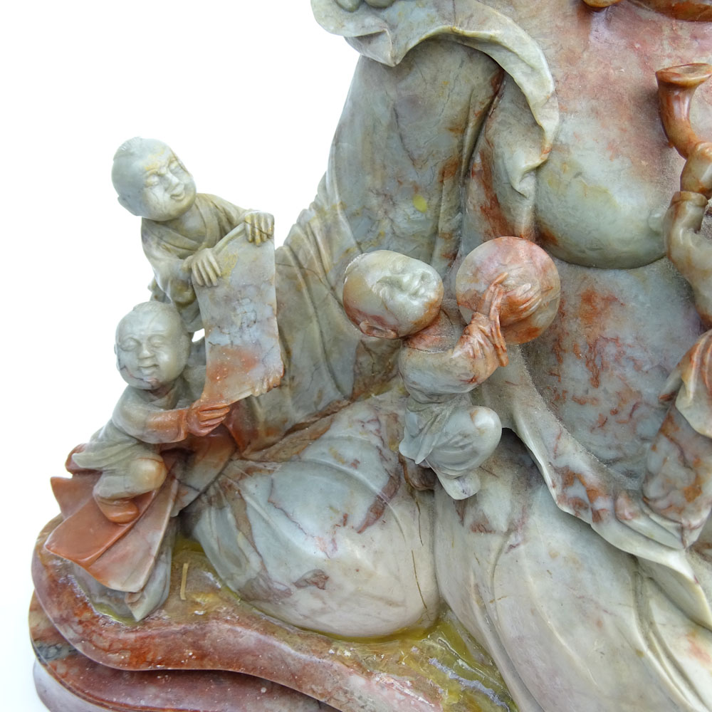 Impressive Carved Soapstone 
"Buddha With Children" Affixed to matching base